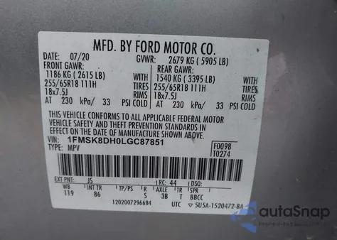 2020 Ford Explorer Xlt z USA, uszkodzony, nr VIN 1FMSK8DH0LGC87851